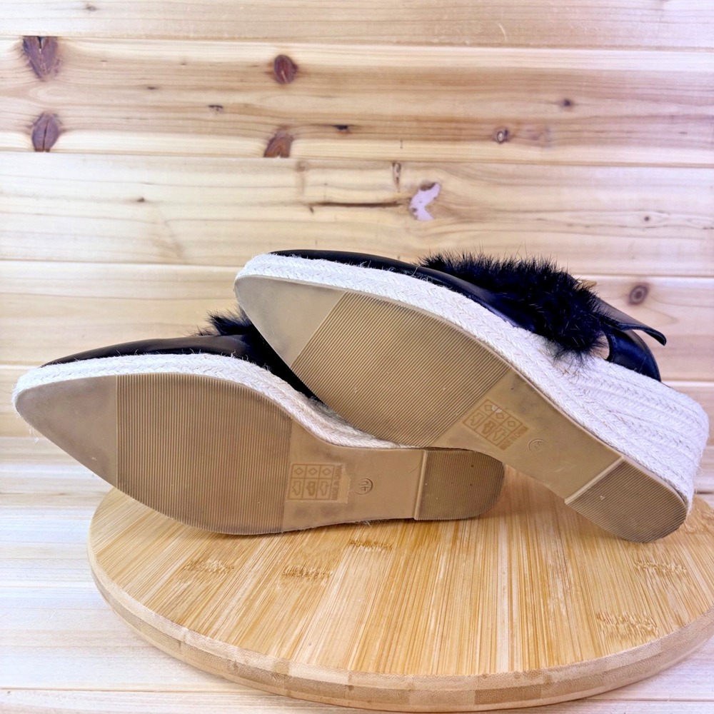 Espadrille Wedge Heels Womens 9 Black Faux Leather Pointed Toe Faux Fur Sandals - Picture 10 of 12